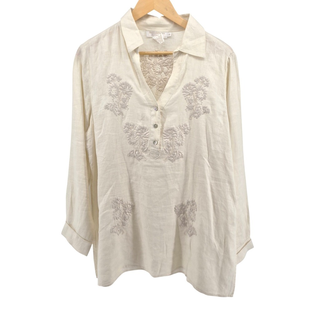 BritishIndia Classics 100%‎ Linen Tunic Blouse 13 L Cream Embroidered Resortwear - Picture 2 of 11